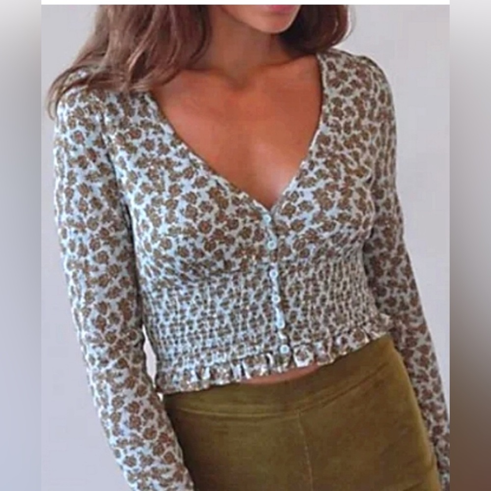 Urban Outfitters Cropped Blue & Brown Floral Cardigan, Smocked Waist